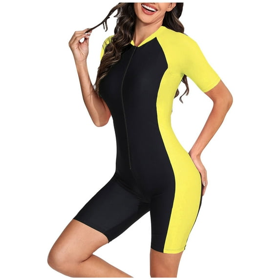 Samickarr Front Zipper Swimsuits For Women Short Sleeve One Piece Full Coverage Diving Suit Sun Protection Printed Patchwork Surfing Bathing Suit