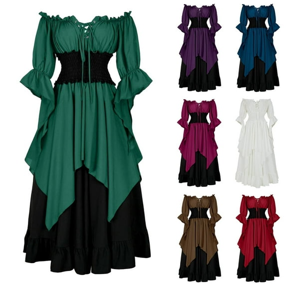 Samickarr Gothic Skirt for Women Drawstring Off-The-Shoulder One-Shoulder Spliced Pleated Skirt Solid Color Ankle-Length Skirt