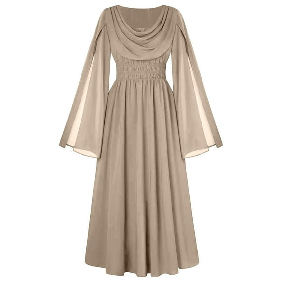 Gswybco Gothic Skirt for Women Round-Neck Slit Long-Sleeved Mesh Pleated Skirt Solid Color Ankle-Length Halter Skirt