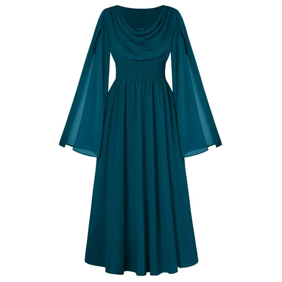 Gswybco Gothic Skirt for Women Round-Neck Slit Long-Sleeved Mesh Pleated Skirt Solid Color Ankle-Length Halter Skirt