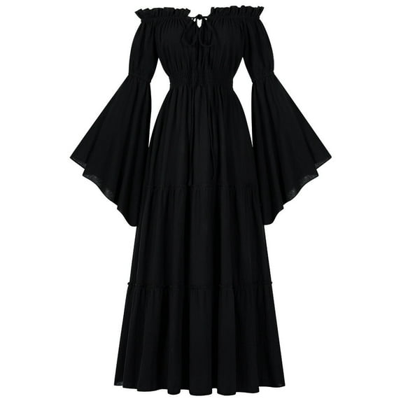 Samickarr Gothic Skirts for Women One-Shoulder Flared Sleeves Pleated Skirts Ankle-Length Solid Color Off-The-Shoulder Skirts