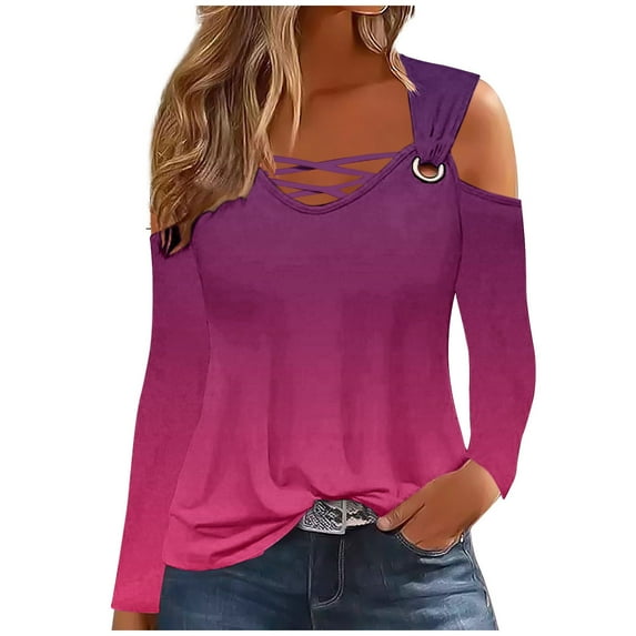 Gnshining Gradient Cold Shoulder Tops for Women Long Sleeve V Neck Crisscross Casual Shirt Fall Fashion Solid Color Loose Outfit