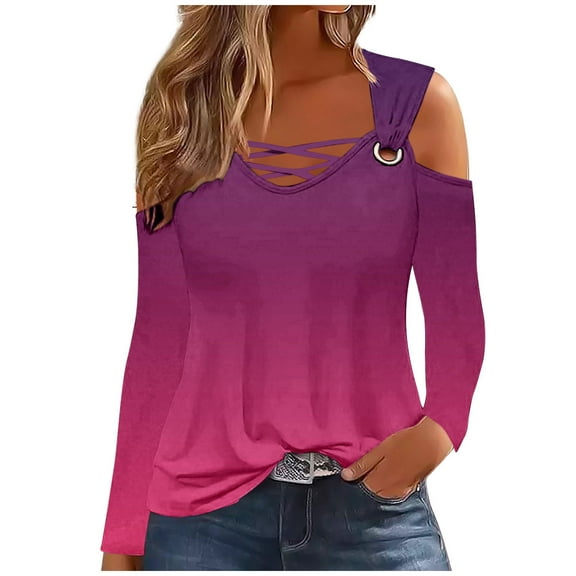 Gnshining Gradient Cold Shoulder Tops for Women Long Sleeve V Neck Crisscross Casual Shirt Fall Fashion Solid Color Loose Outfit