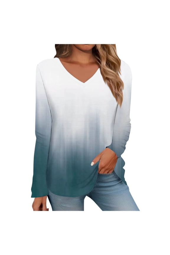 Gradient Color Tops For Women Color Block V-Neck Long Sleeve Pullover Shirts Loose Blouses