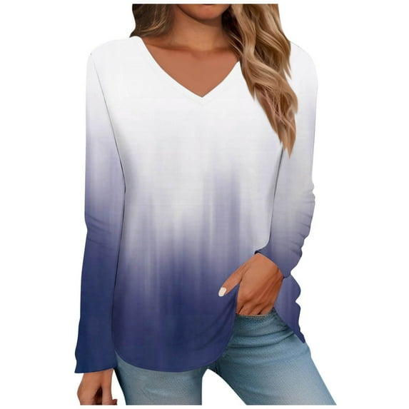 Samickarr Gradient Color Tops For Women Color Block V-Neck Long Sleeve Pullover Shirts Loose Blouses