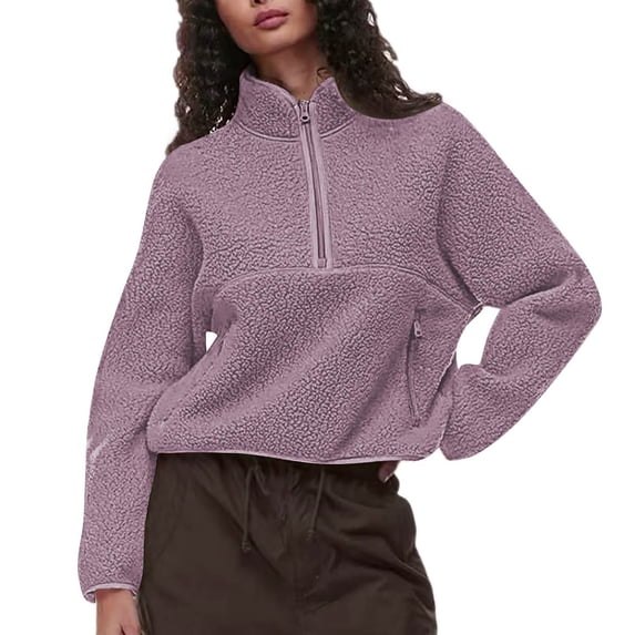 Gnshining Half Zip Fleece Sweatshirt for Women Long Sleeve Collared Tops Fall Fashion Loose Warm Solid Color Pullovers with Pocket