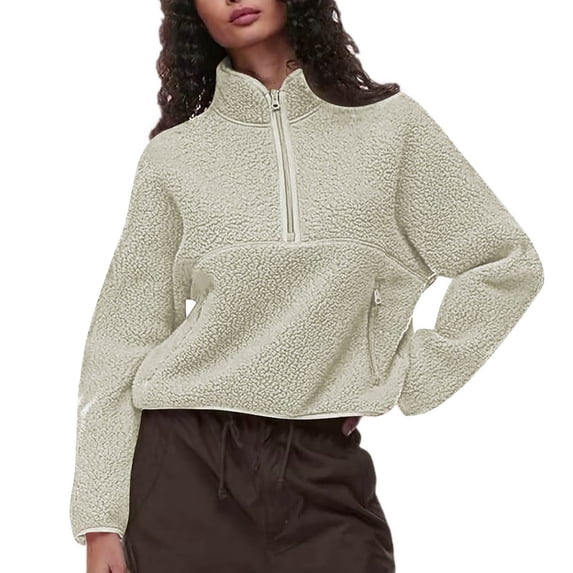 Gnshining Half Zip Fleece Sweatshirt for Women Long Sleeve Collared Tops Fall Fashion Loose Warm Solid Color Pullovers with Pocket