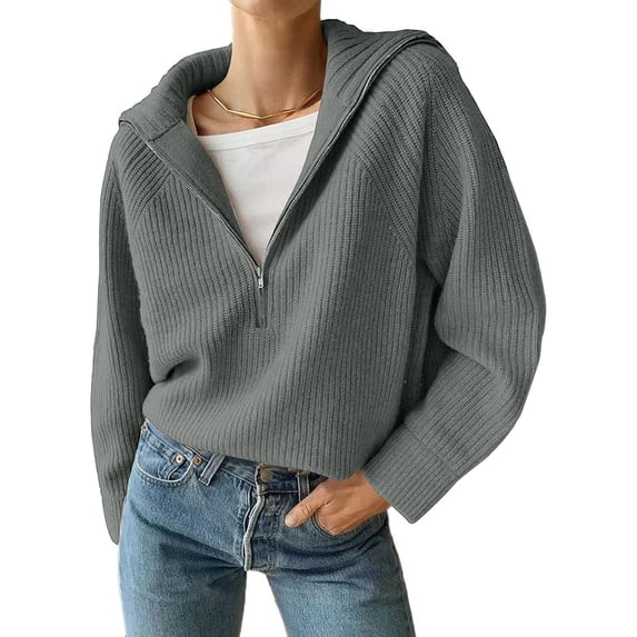 Samickarr Half Zip Pullover Sweaters For Women Casual Long Sleeve Solid V Neck Collar Ribbed Knitted Loose Slouchy Jumper Tops