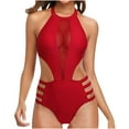 thumbnail image 1 of Samickarr Hollow Out Mesh Splice Swimsuits For Women One Piece Sleeveless High Neck Halter-Neck Cutout Slimming Bathing Suit, 1 of 8