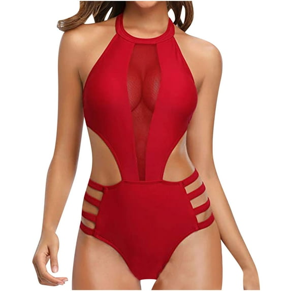 Samickarr Hollow Out Mesh Splice Swimsuits For Women One Piece Sleeveless High Neck Halter-Neck Cutout Slimming Bathing Suit