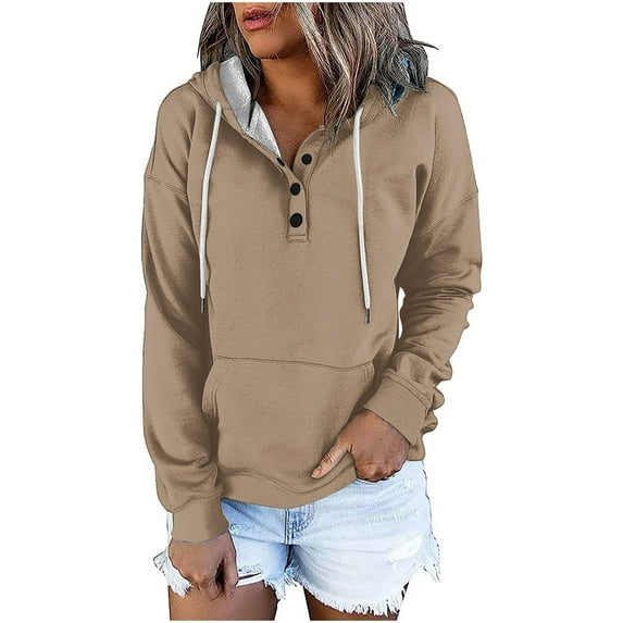 Samickarr Hooded Sweatshirts For Womens Loose Fit Button Collar Drawstring Lightweight Pullover Hooded Sweaters With Kangaroo Pockets Hooded Sweaters Long Sleeve Blouse Pullover Tops Shirts