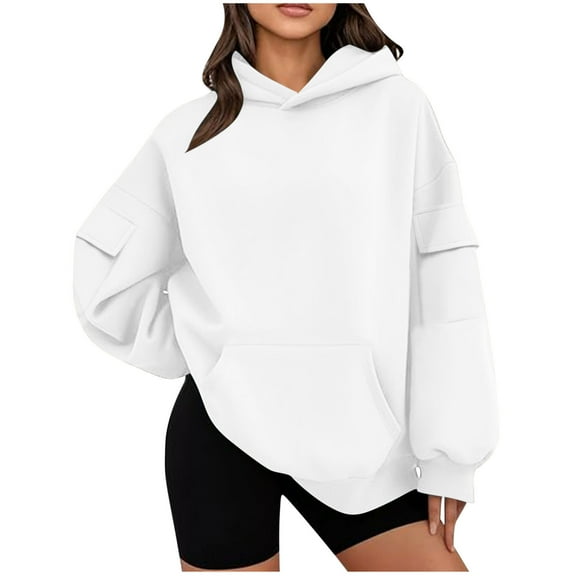 Gnshining Hooded Sweatshirts for Women Long Sleeve V-Neck with Multiple Pockets Blouses Solid Color Loose Pullover