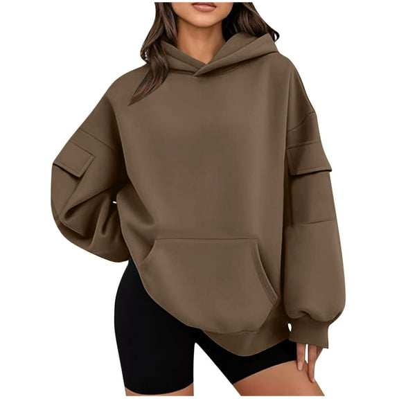 Gnshining Hooded Sweatshirts for Women Long Sleeve V-Neck with Multiple Pockets Blouses Solid Color Loose Pullover