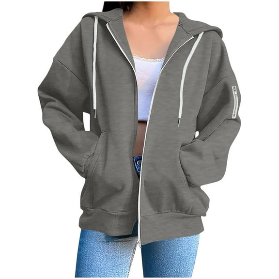 Gnshining Hooded Weatshirt Top for Women V Neck Loose Long Sleeve Zipper Pocket Drawstring Blouses Solid Color Tops