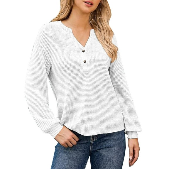 Gnshining Hoodless Pullover for Women Button V-Neck Long-Sleeved Loose Solid Color Sweater Shirts