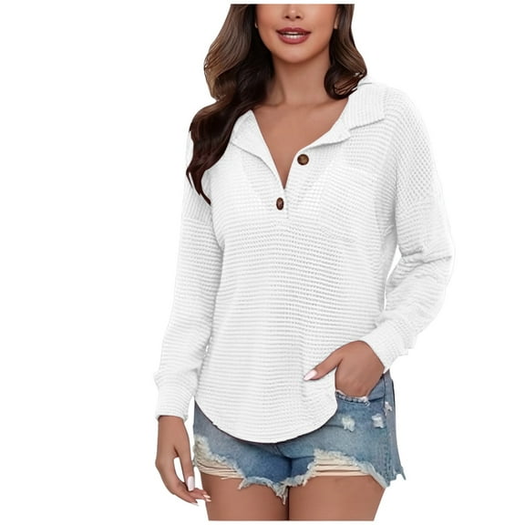 Gnshining Hoodless Pullover for Women Button V-Neck Long-Sleeved with Pocket Curve Bottom Tops Ribbed Knitted Cuffs Solid Color Sweater Shirts