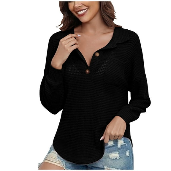 Gnshining Hoodless Pullover for Women Button V-Neck Long-Sleeved with Pocket Curve Bottom Tops Ribbed Knitted Cuffs Solid Color Sweater Shirts