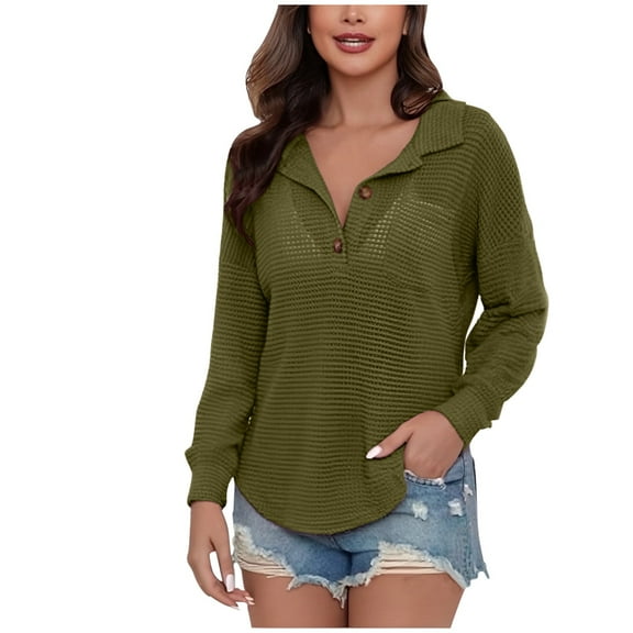 Gnshining Hoodless Pullover for Women Button V-Neck Long-Sleeved with Pocket Curve Bottom Tops Ribbed Knitted Cuffs Solid Color Sweater Shirts