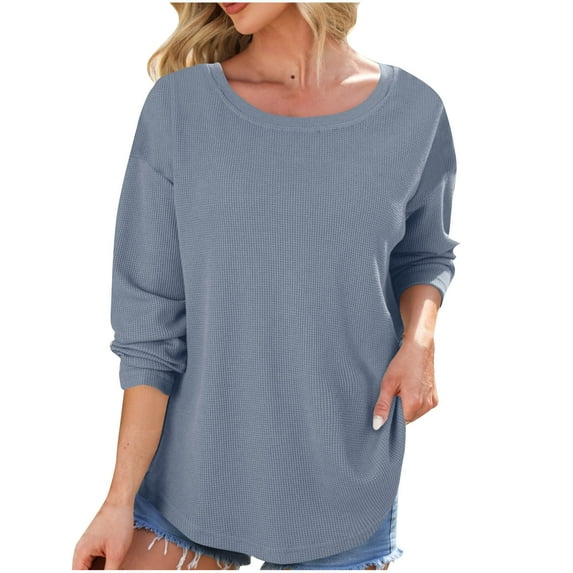 Samickarr Hoodless Sweatshirt for Women Long Sleeved Round Neck Curve Bottom Pullover Solid Color Loose Tops