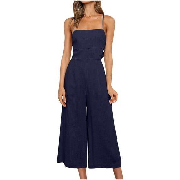 Samickarr Jumpsuits For Women Plus Size Romper Bodysuit Romper Jumpsuits One Piece Body Full Suit Women's Summer Sleeveless Spaghetti Strap Tie Back Dressy High Waist Wide Leg Jumpsuit Rompers Pockets