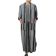Samickarr Kaftan Dresses For Men Long Sleeve Striped Robe Button Up Henley Shirts Kaftan Thobe Splits Long Gown Robe For Men Shirt Standing Neck Loose Sleeping Dress Gown