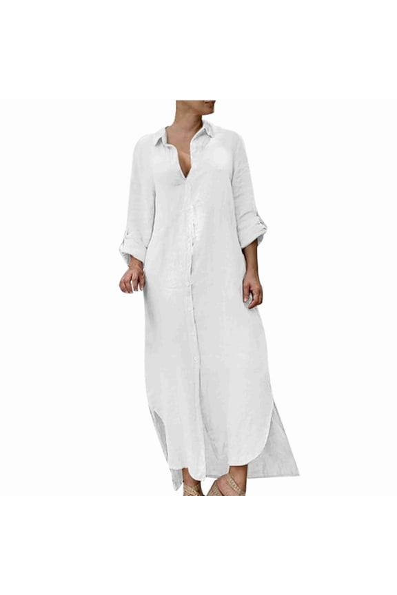 Kaftan Dresses For Women Nightshirt Long Sleeve Sleepwear Robe For Woman Kaftan Thobe Plus Size Button Down Henley Robe Side Split Gown Shirt Long Caftan Thobe With Pockets Half Sleeve