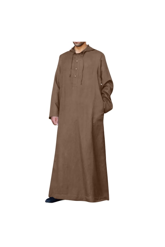 Kaftan For Mens Nightshirt Long Sleeve Sleepwear Standing Neck Hooded Button Casual Robe With Pocket Home Suit Comfortable Loose Sleeping Dress Gown