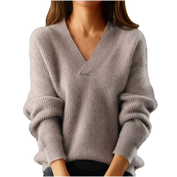 Gnshining Knit Ribbed Sweater for Women V Neck Long Sleeve Loose Tops Fall Fashion Warm Solid Color Oversized Casual Tunic Shirts