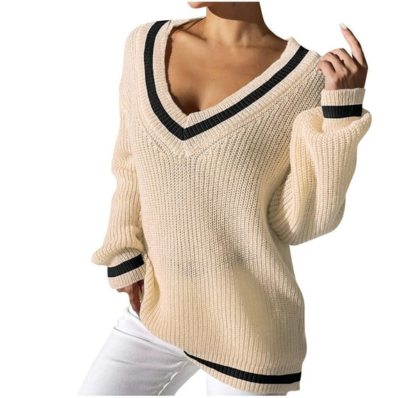 Gnshining Knit Ribbed Sweaters for Women V Neck Warm Loose Tops Fall Trendy Long Sleeve Solid Color Casual Shirts