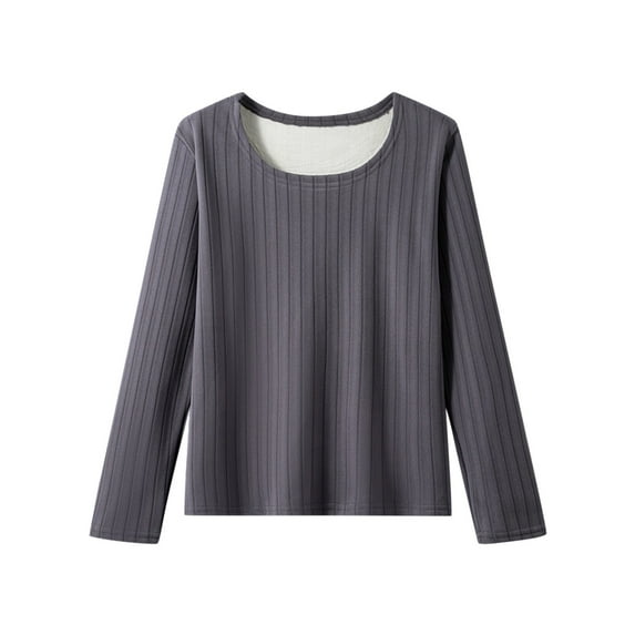 Gswybco Knit Ribbed Underwear Top for Women Crew Neck Long Sleeve Base Shirt Fall Warm Thick Solid Color Velvet Pullover