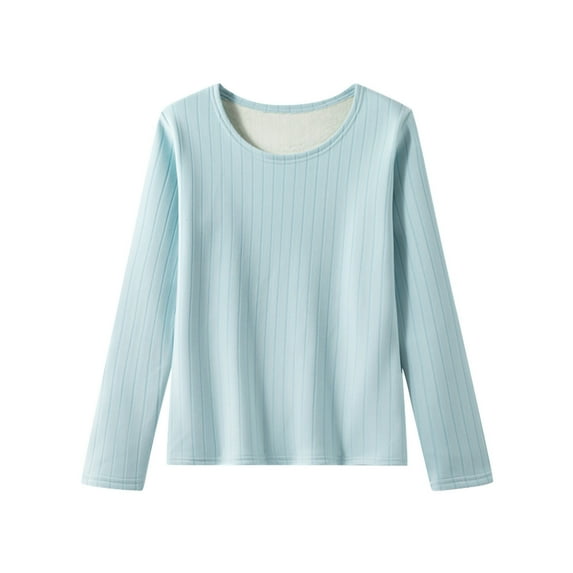 Gswybco Knit Ribbed Underwear Top for Women Crew Neck Long Sleeve Base Shirt Fall Warm Thick Solid Color Velvet Pullover