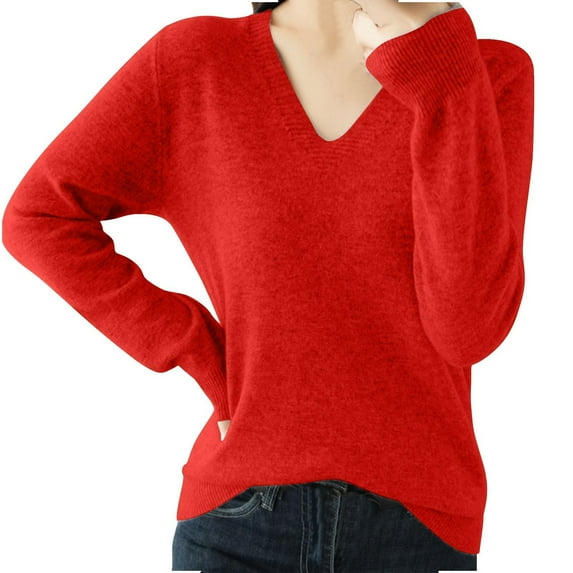 Gnshining Knit Sweaters for Women Long Sleeve V Neck Tunic Pullovers Fall Fashion Casual Warm Solid Color Everyday Tops