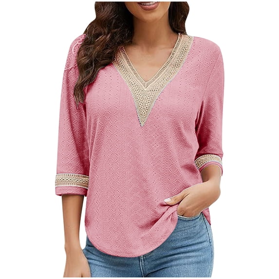 Gswybco Lace Shirts for Women 3/4 Sleeve V Neck Color Block Tunic Tops Fall Trendy Casual Blouses