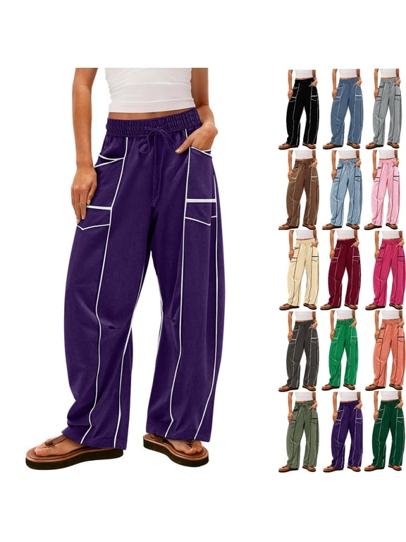 Sweatpants for Women Baggy Striped Work Joggers Trousers with Pockets Patchwork Straight Wide-Leg Pants Drawstring Hight Elastic Waist Outdoor Cargo Pants