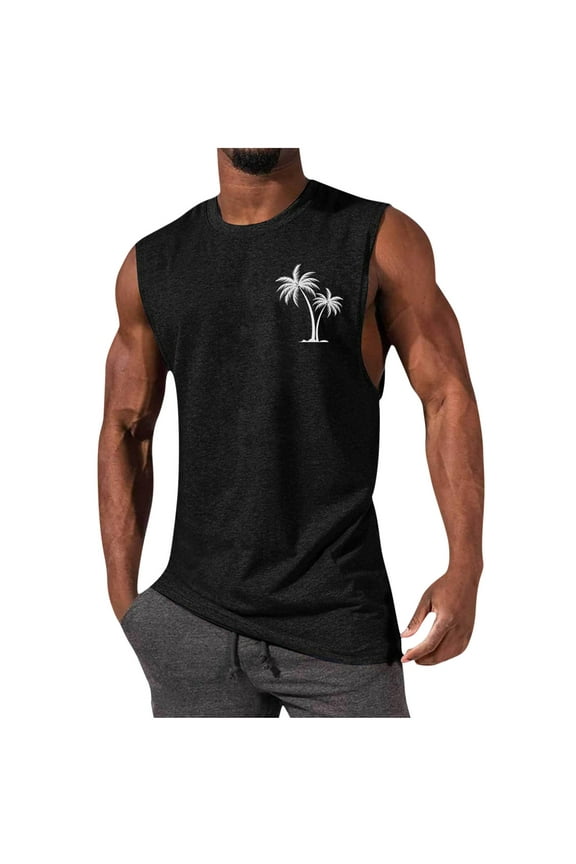 Mens Sleeveless Tank Tops Workout Cut Off Shirts Muscle Gym Pullover Sports Fitness Printed Round Neck T Shirts