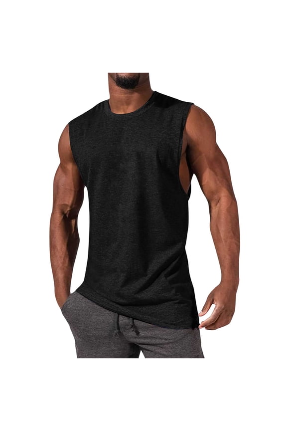 Mens Sleeveless Tank Tops Workout Cut Off Shirts Muscle Gym Pullover Sports Fitness Solid Color Round Neck Casual T Shirts