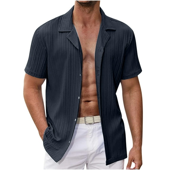 Samickarr Mens Wave Strip Shirts Short Sleeve Solid Color Turndown Casual Button Down Summer Loose Beach Shirts