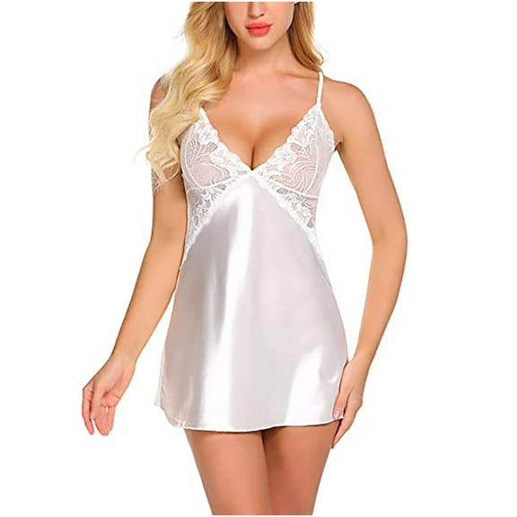 Samickarr Mini Nightdress Lingerie For Women Lace Nightgown Sleeveless Chemise Slip Dress V Neck Nightwear Satin Babydoll Sleepwear Underwear Suit