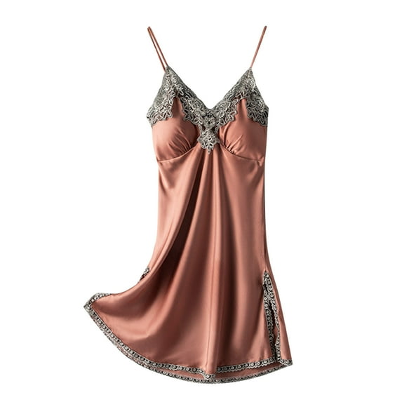 Samickarr Mini Nightdress Lingerie For Women Silk Nightgown Sleeveless Chemise Slip Lace Dress V Neck Nightwear Satin Homewear Sleepwear
