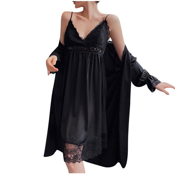 Samickarr Mini Nightdress Lingerie For Women Silk Nightgown Sleeveless Chemise Slip Mesh Long Dress V-Neck Nightwear Satin Lace Sleepwear