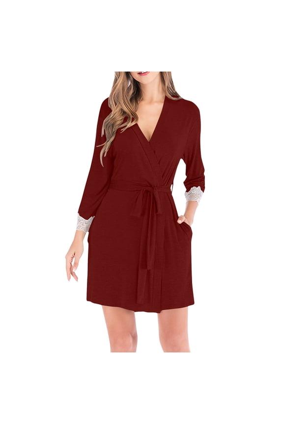 Modal Robes for Women Lace Patchwork 3/4 Sleeve Cross V-Neck Waist Lace-Up Lightweight Comfort Nightgown Dresses Solid Color Casual Breathable Robes