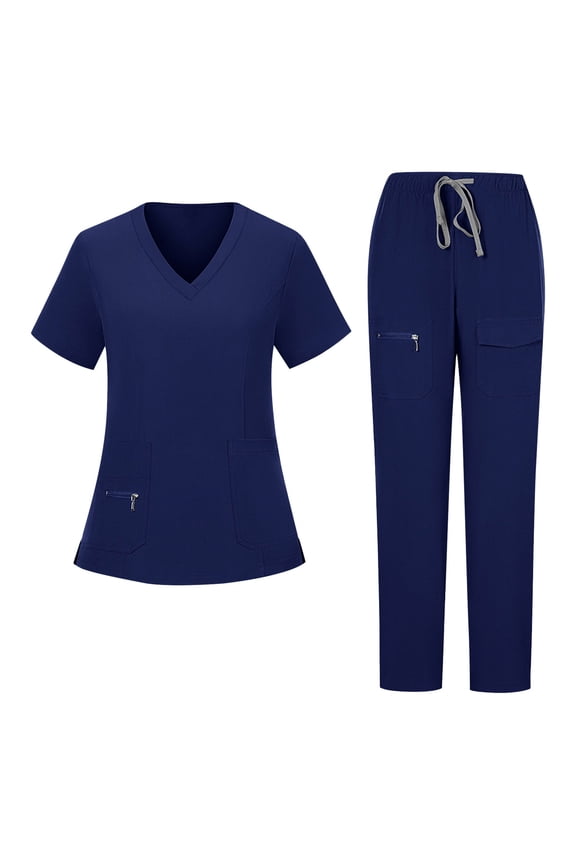 Nursing Uniforms Scrubs Sets for Women Casual Working Uniform with Zipper Pockets V-Neck Working Tops Drawstring Pants Nursing Worker Protective Clothing Top