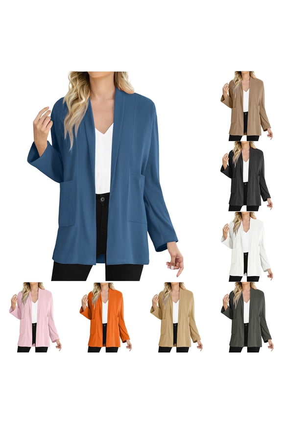 Office Cardigan for Women Open Front Long Sleeve with Pockets Tops Casual Loose Solid Color Blouse