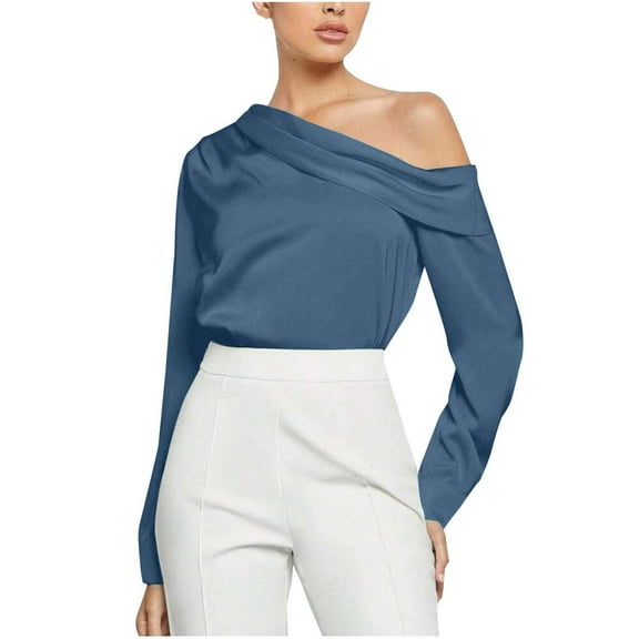 Samickarr One Shoulder Blouse for Women Satin Long Sleeve Tunic Tops Fall Trendy Loose Solid Color Shirts
