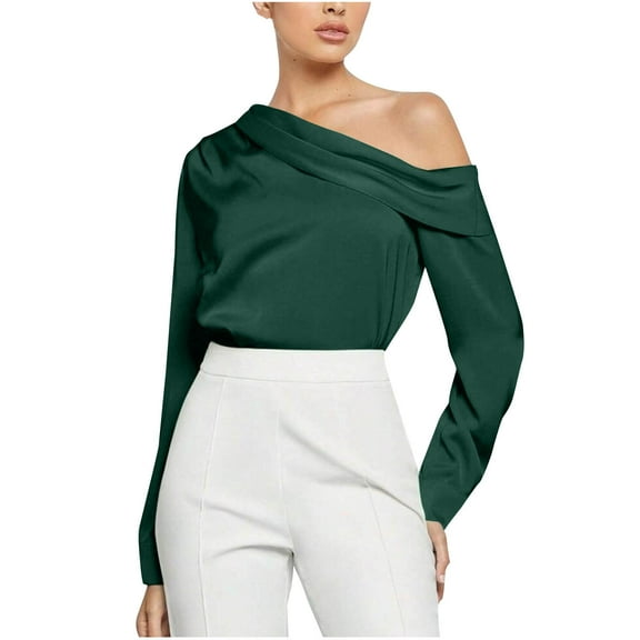 Samickarr One Shoulder Blouse for Women Satin Long Sleeve Tunic Tops Fall Trendy Loose Solid Color Shirts