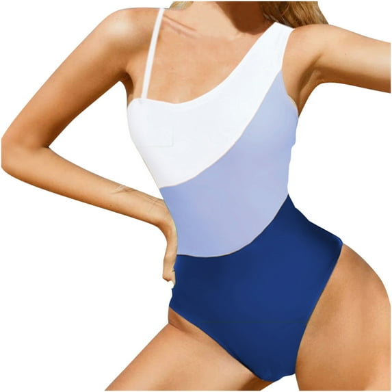 Samickarr One Shoulder Swimsuits For Women One Piece Full Coverage Sleeveless With Chest Cushion No Steel Support Swimwear Color Block Slim-fit Bathing Suit