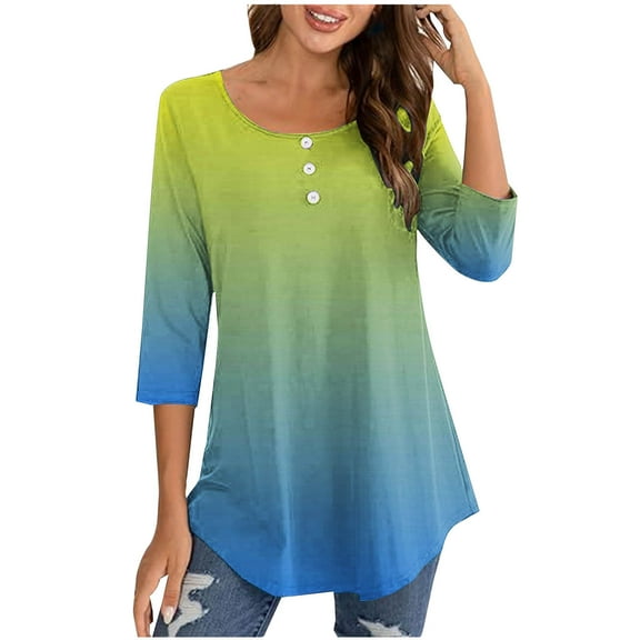 Gnshining Oversized Blouses for Women 3/4 Sleeve Crew Neck Gradient Tunic Tops Loose Casual Henley Shirt