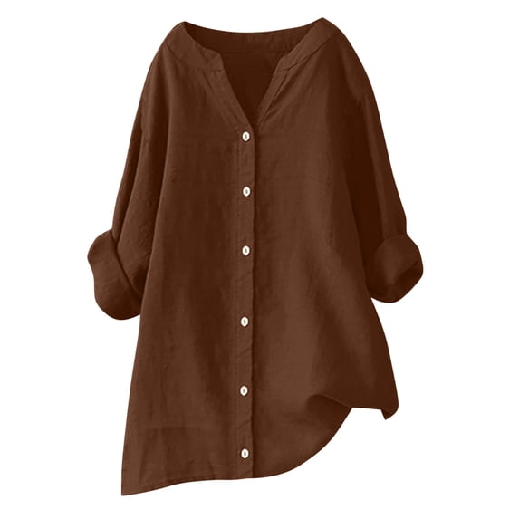 Gswybco Oversized Linen Shirts for Women Split Neck Solid Tunic Tops Fall Long Sleeve High Low Button Down Blouses