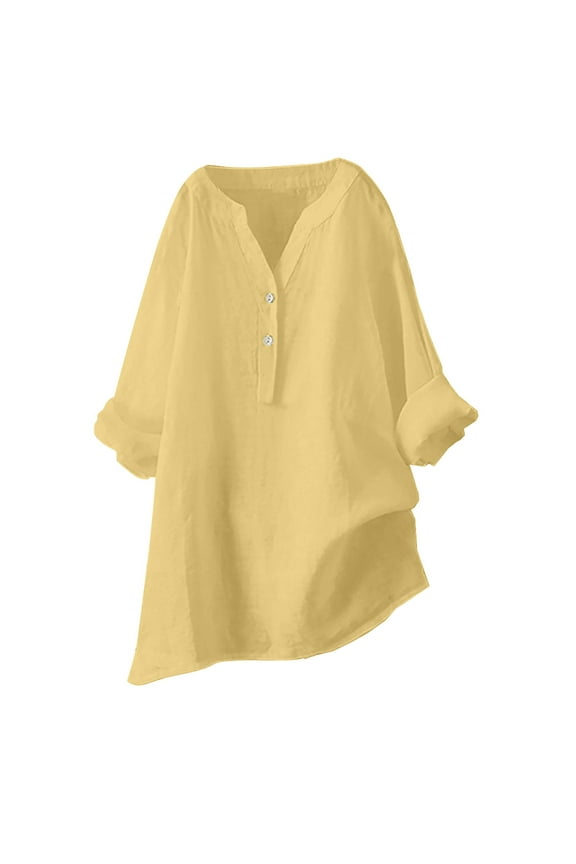 Oversized Linen Shirts for Women Split Neck Solid Tunic Tops Fall Long Sleeve High Low Button Down Blouses
