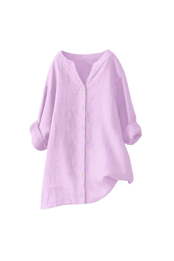 Oversized Linen Shirts for Women Split Neck Solid Tunic Tops Fall Long Sleeve High Low Button Down Blouses